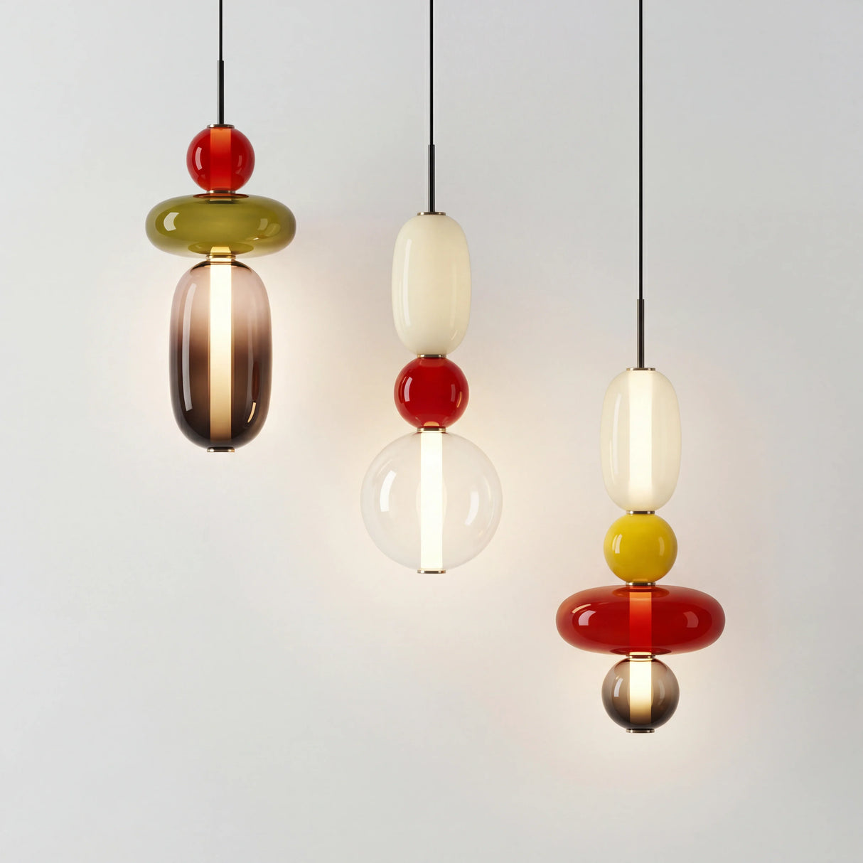 Modern stacked glass pendant light with rounded amber and white jars