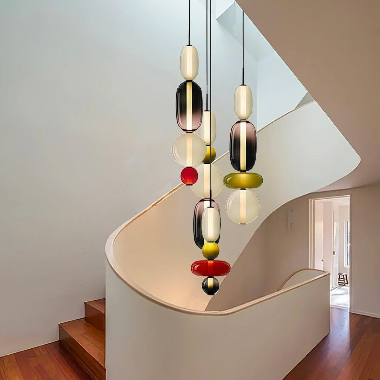 Colorful glass pendant light design variant with layered shaped jars