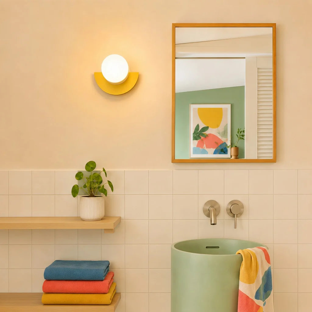 Colorful wall sconce showing the frosted globe seated on the base