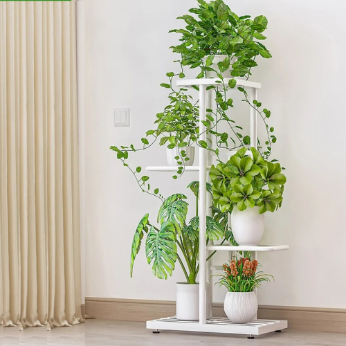 Vertical plant rack placed neatly in living room corner – metal corner plant stand