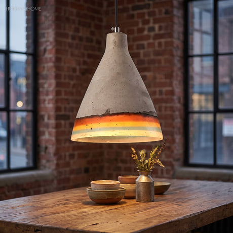 Cement cone pendant with a warm glazed rim over a rustic table