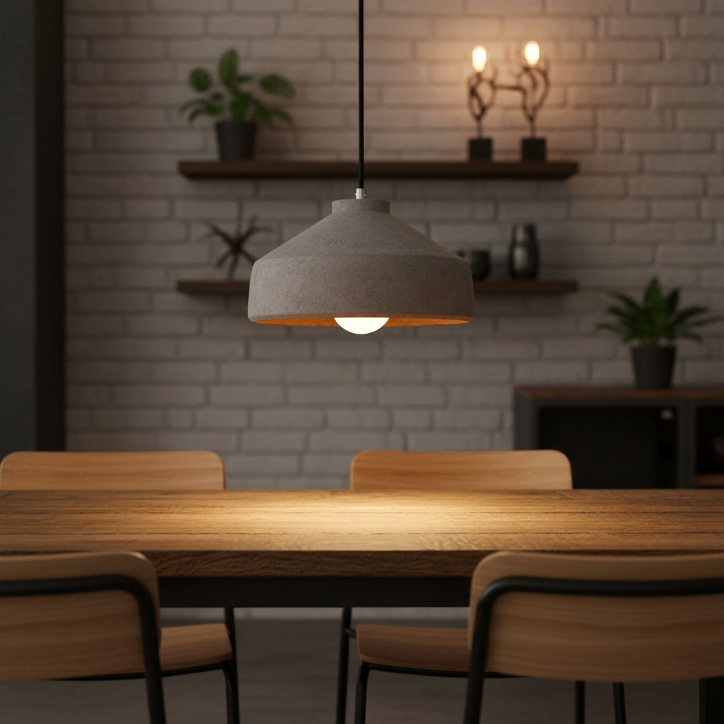 Wide cement dome shade lit showing the warm toned inner surface