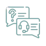 Icon of two speech bubbles with a question mark and a headset, representing customer support or help.