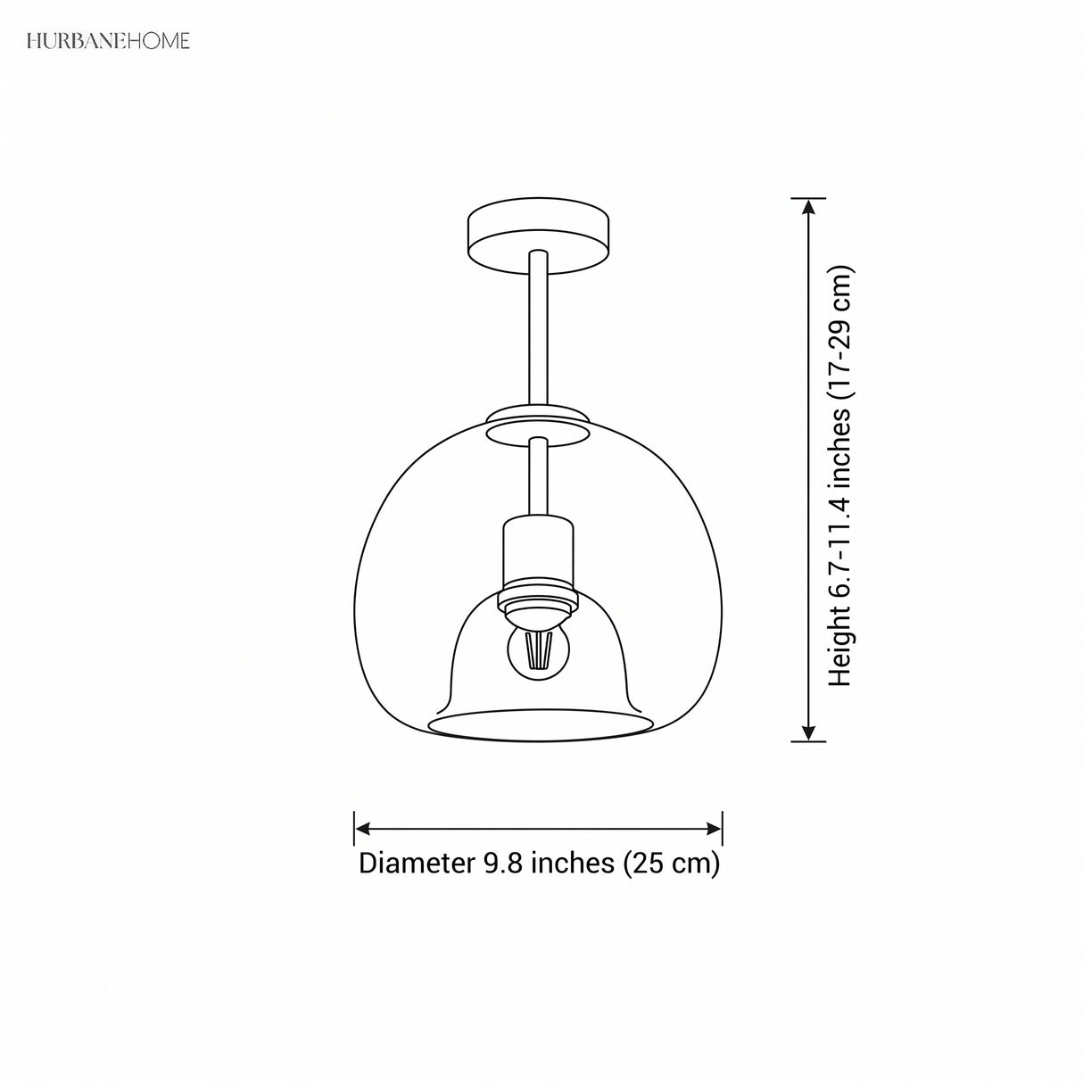 Dimension diagram: copper glass semi flush light, height 6.7 to 11.4 inches, diameter 9.8 inches