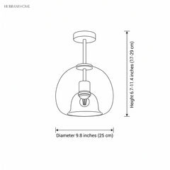 Dimension diagram: copper glass semi flush light, height 6.7 to 11.4 inches, diameter 9.8 inches