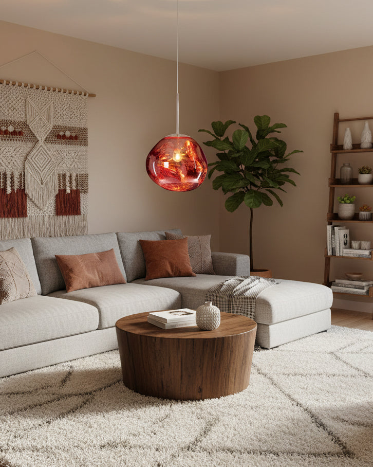 Copper molten pendant lit above a beige living room with a curved sofa