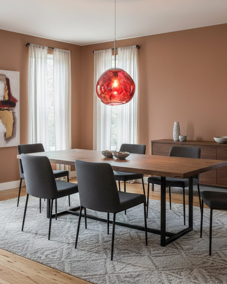 Copper molten pendant hanging above a dark dining table in a warm toned room