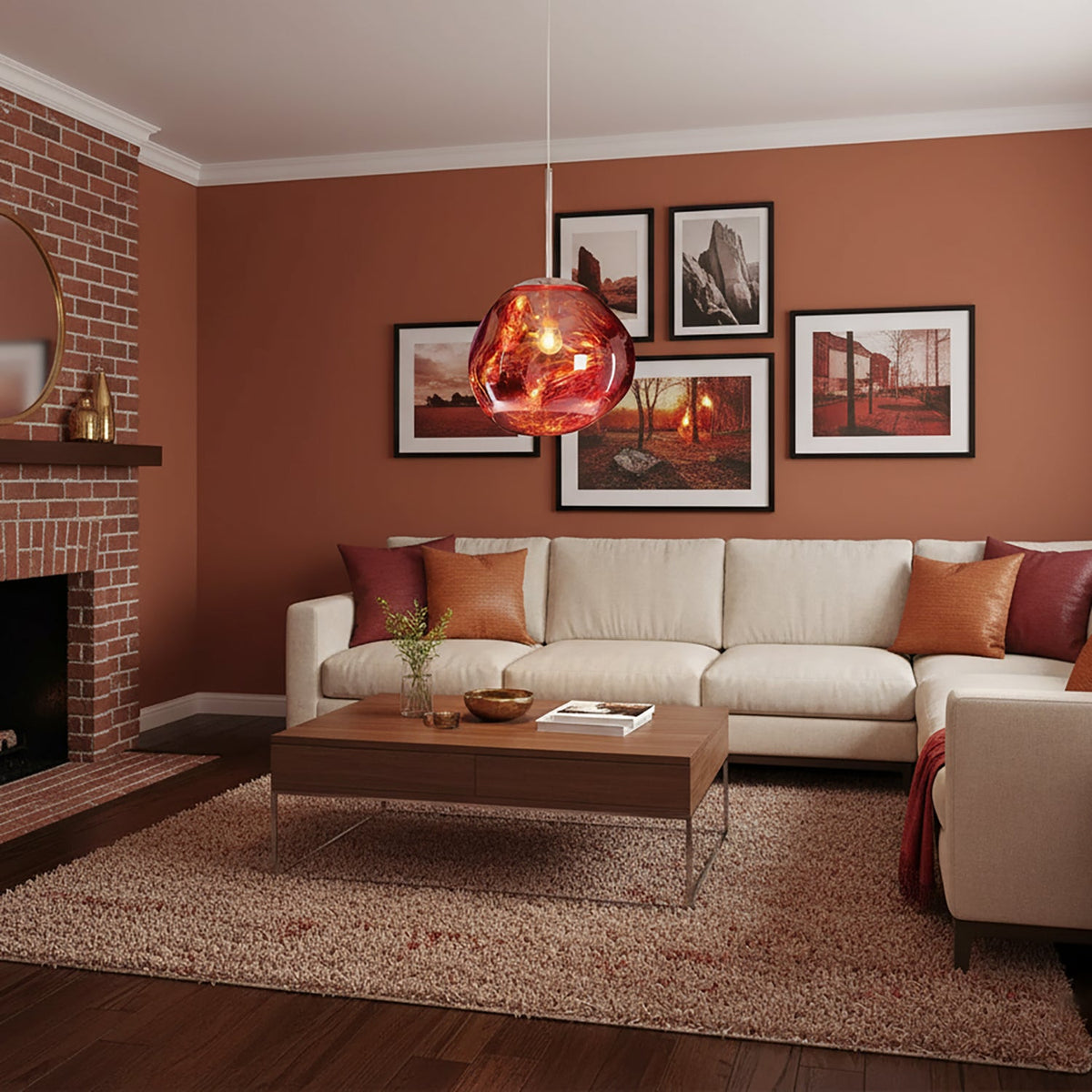 Copper pendant glowing in a terracotta living room beside a brick fireplace