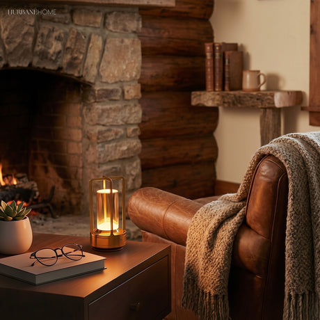 Gold cordless lamp lit on a side table beside a leather armchair and stone fireplace