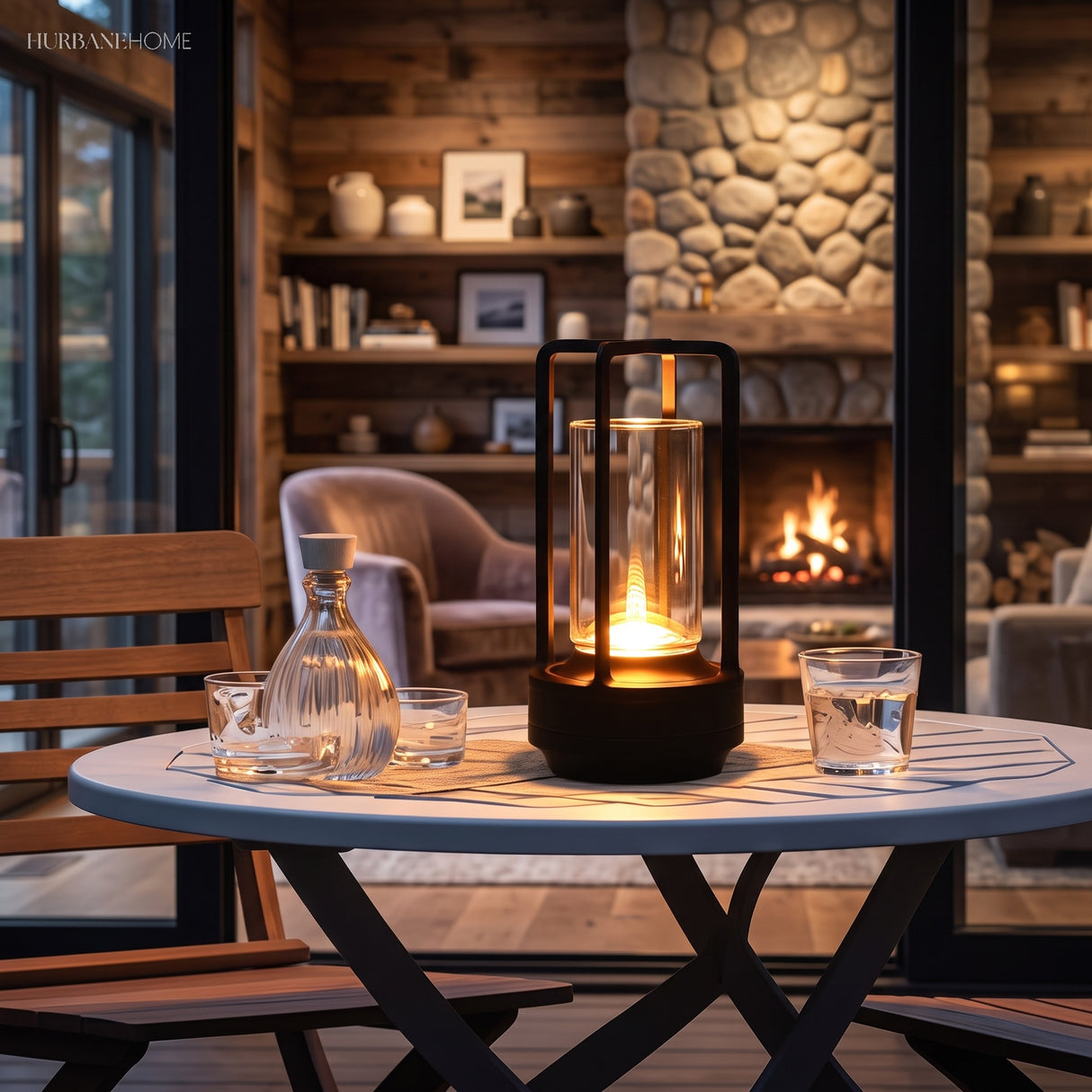 Black cordless lantern lamp on a round dining table in front of a lit fire