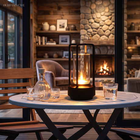 Black cordless lantern lamp on a round dining table in front of a lit fire
