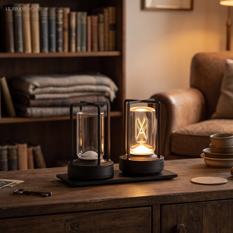 Two rechargeable lamps in black and silver on a sideboard by a bookcase
