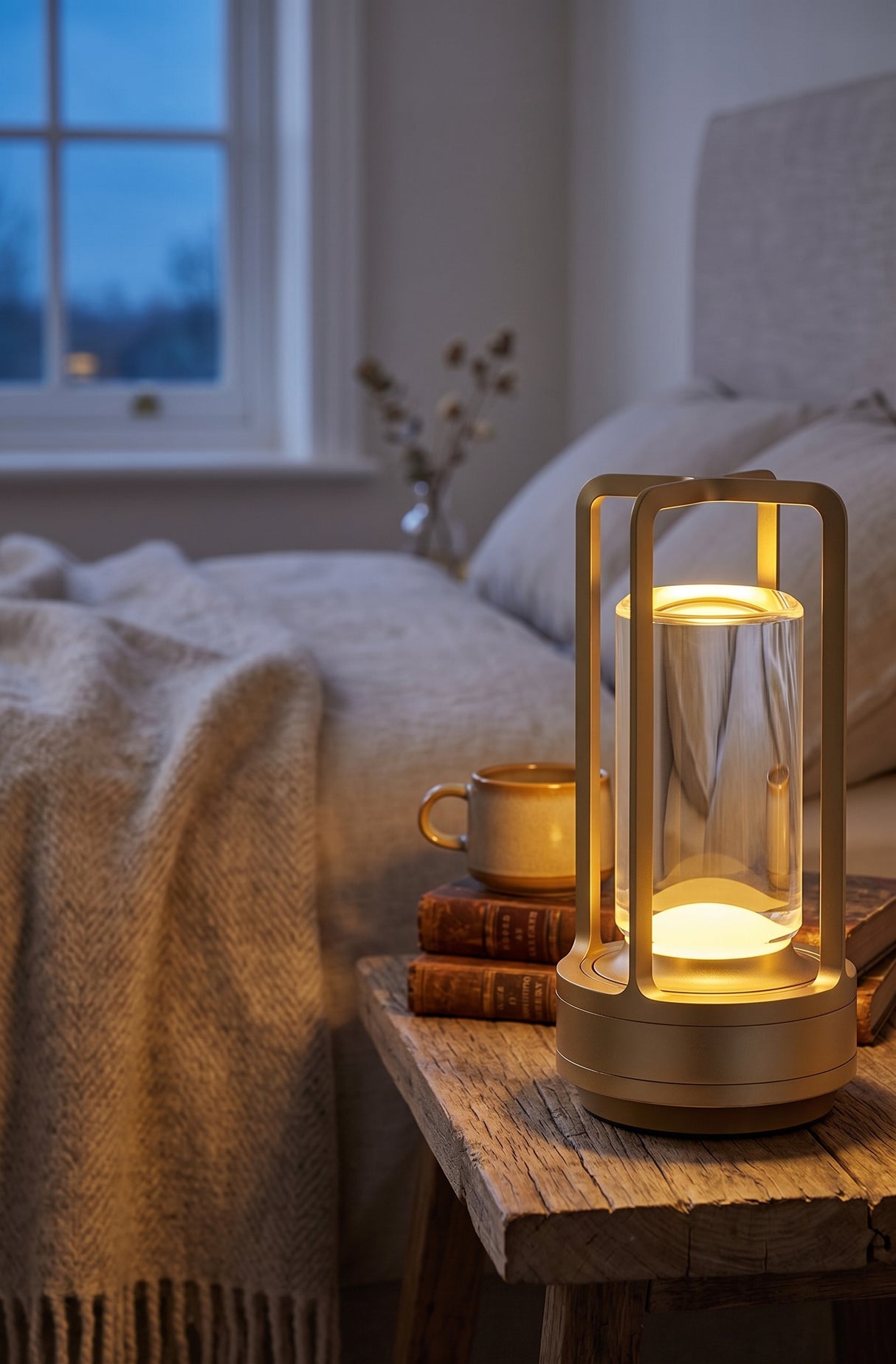 Gold cordless lantern lamp lit on a bedside table beside a folded throw