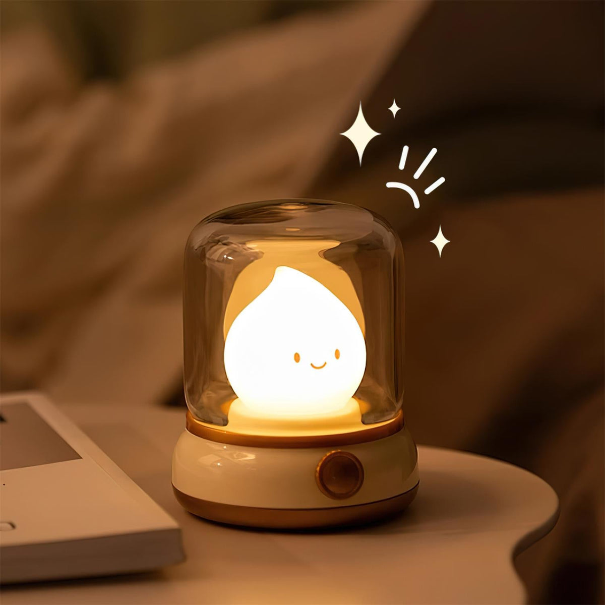 Night light glowing on a desk next to a tablet propped upright
