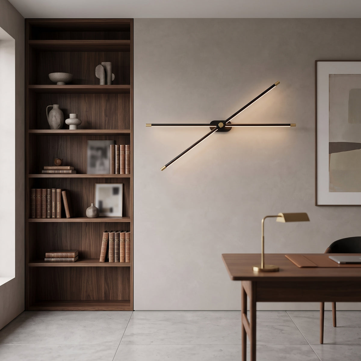 Slim brass linear wall light lit above a gold and blue abstract canvas