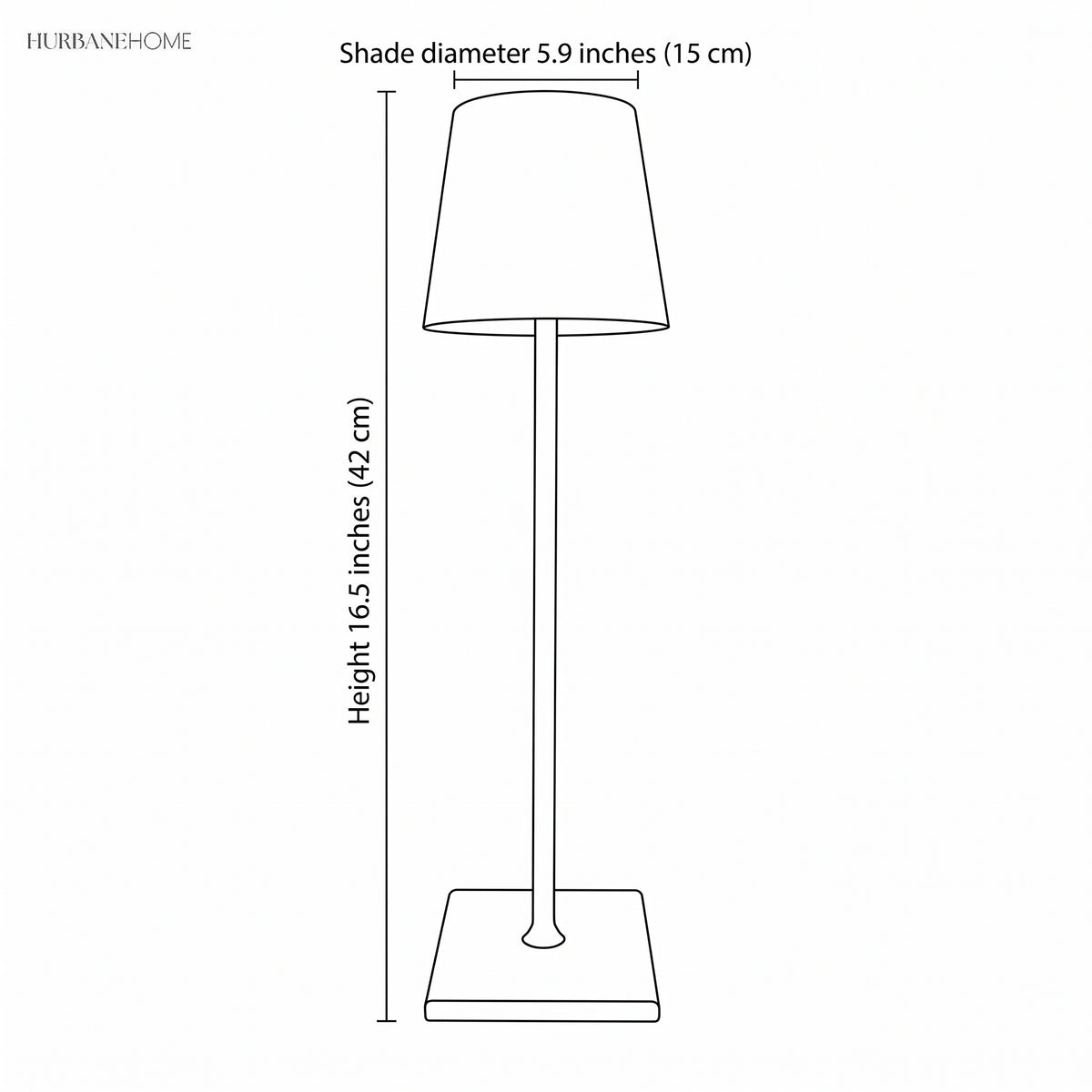 Dimension drawing of the lamp, 16.5 inches tall with a 5.9 inch shade