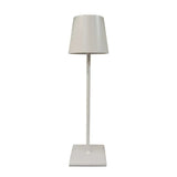 White cordless table lamp with a tapered shade and square base