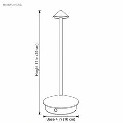 Line drawing showing table lamp height 11 inch and base 4 inch