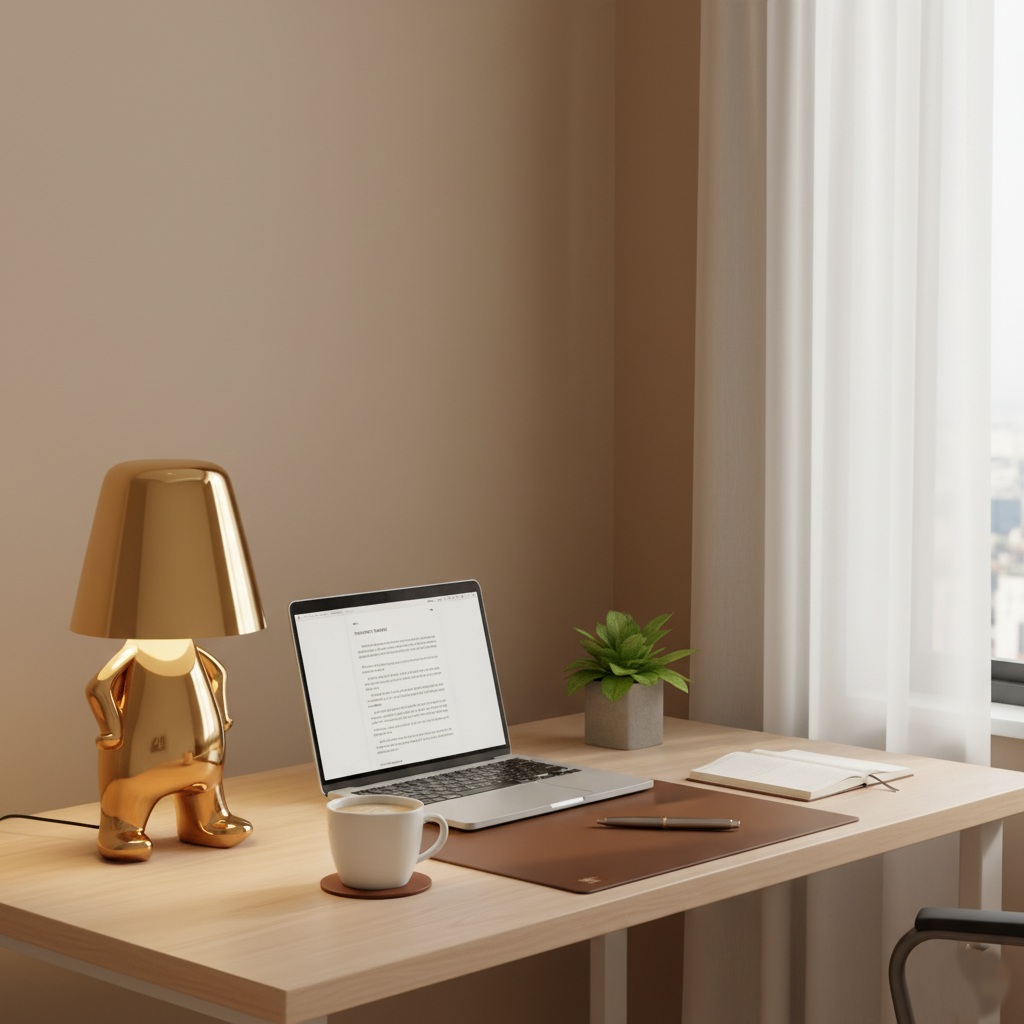 Gold figurine lamp lit on a desk beside a laptop and coffee