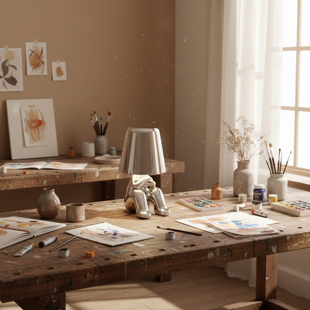 Gold and silver figurine lamps lit on a workbench with sketches
