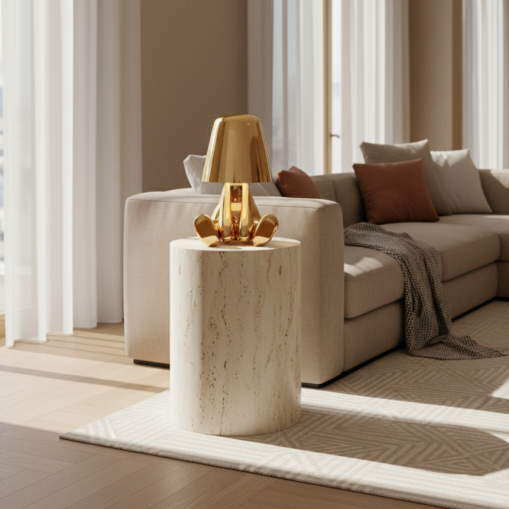 Gold figurine lamp lit on a travertine table beside a sofa
