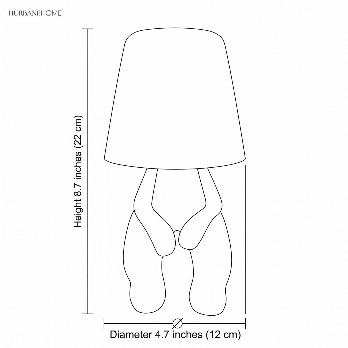 Line drawing of the figurine lamp with height and width labels