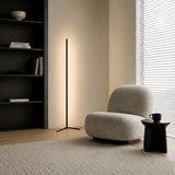 Black minimalist floor lamp beside a boucle chair, black bookcase and woven rug