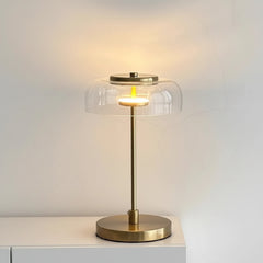 Close-up of corner lamp table glass shade