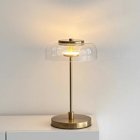 Close-up of corner lamp table glass shade