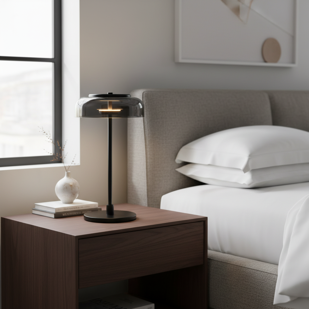 A modern black table lamp with a translucent smoky glass dome shade and a warm glowing bulb, placed on a dark wood nightstand next to a bed with white linens in a softly lit bedroom.