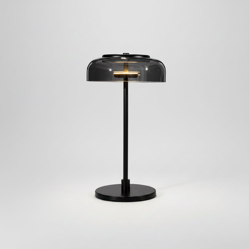A modern table lamp with a black metal stand, round base, and a translucent dark gray dome shade, shown on a white background with its power cord visible.