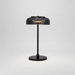 A modern table lamp with a black metal stand, round base, and a translucent dark gray dome shade, shown on a white background with its power cord visible.