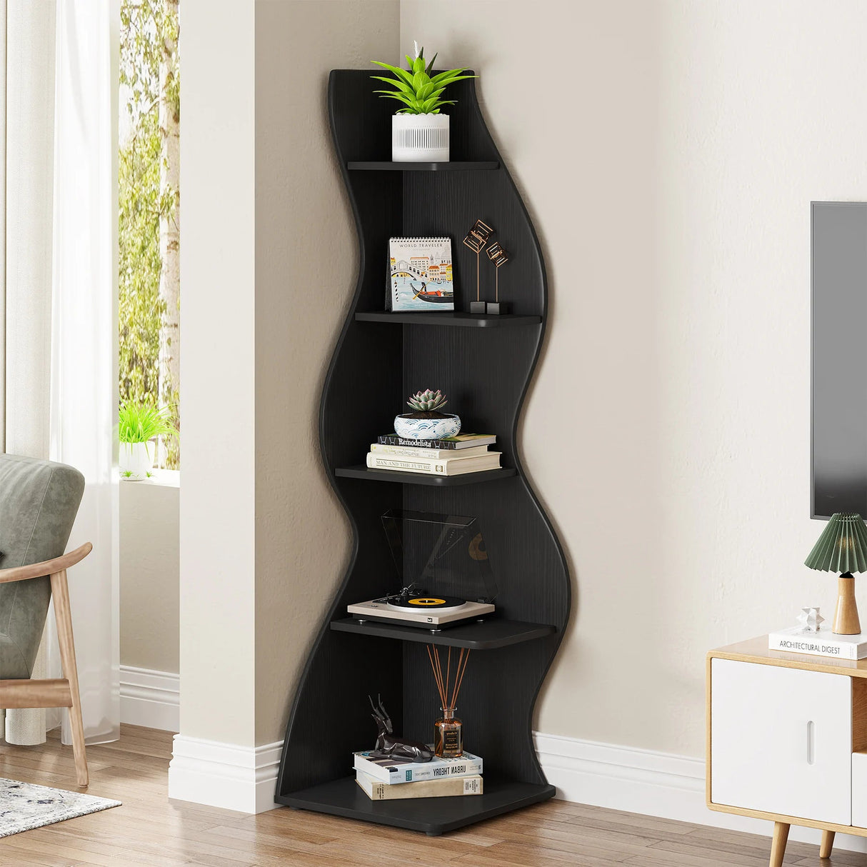 Corner Small Bookcase – 5 - Tier Modern Storage Shelf Rack - Hurbane Home