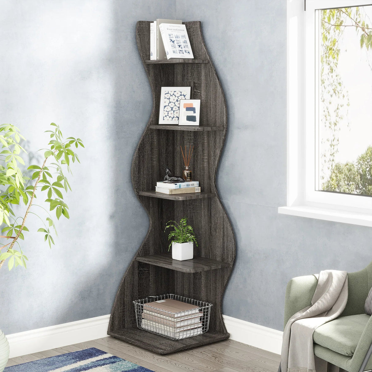 Corner Small Bookcase – 5 - Tier Modern Storage Shelf Rack - Hurbane Home
