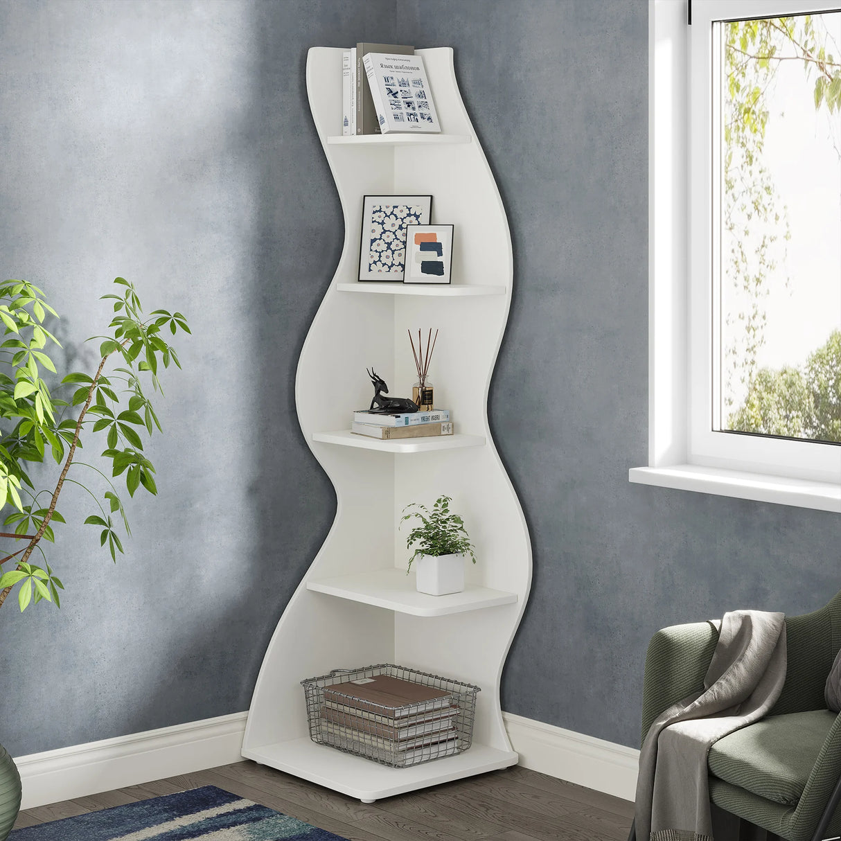 Corner wall shelf unit with minimalist décor