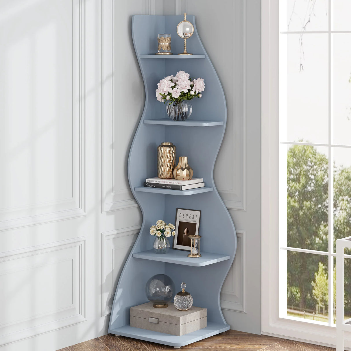 Corner wall shelf unit in minimalist interior