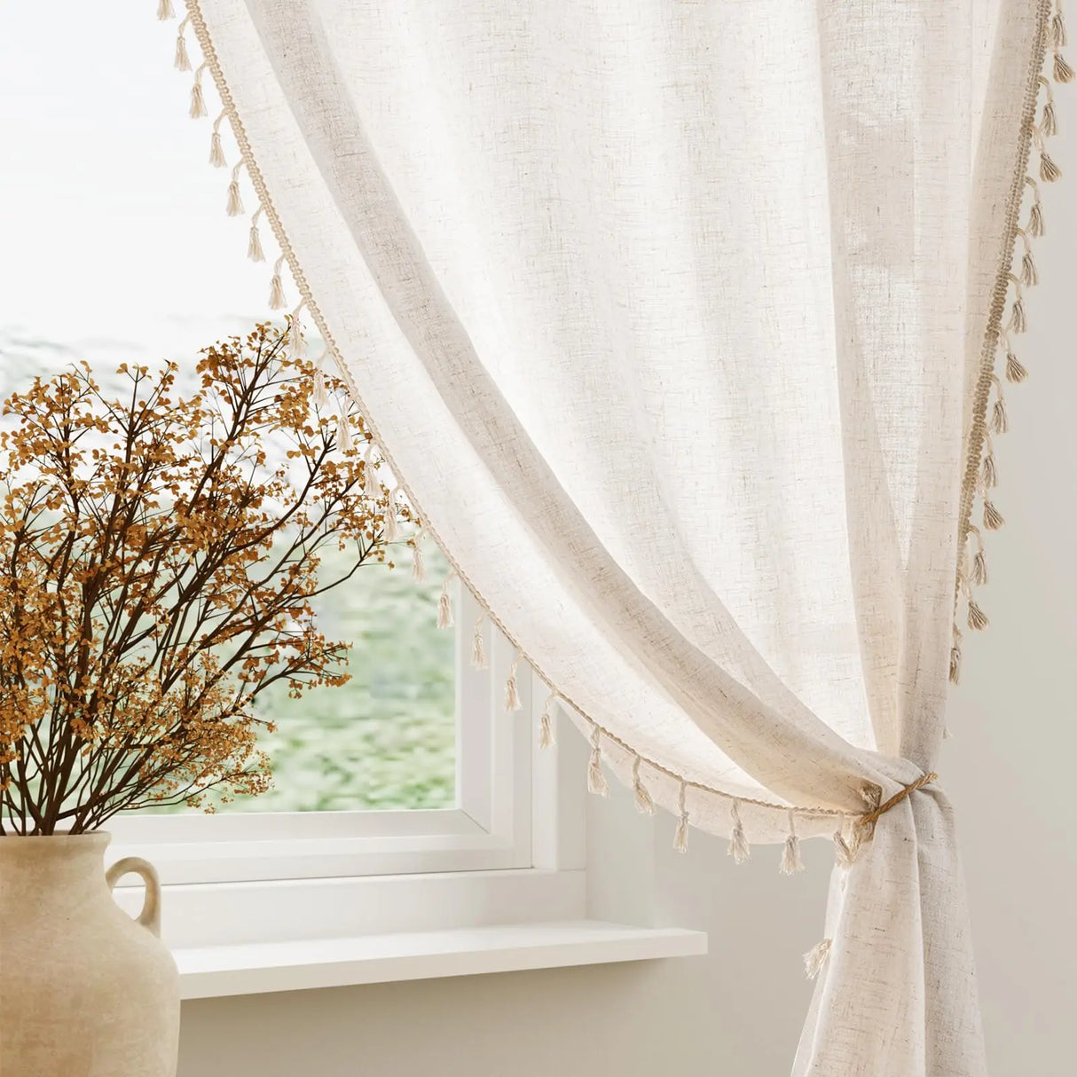 Cotton linen window panels styled in cozy boho bedroom