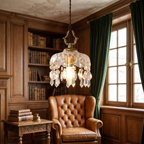 Vintage crystal glass pendant light with copper cap and crystal droplets