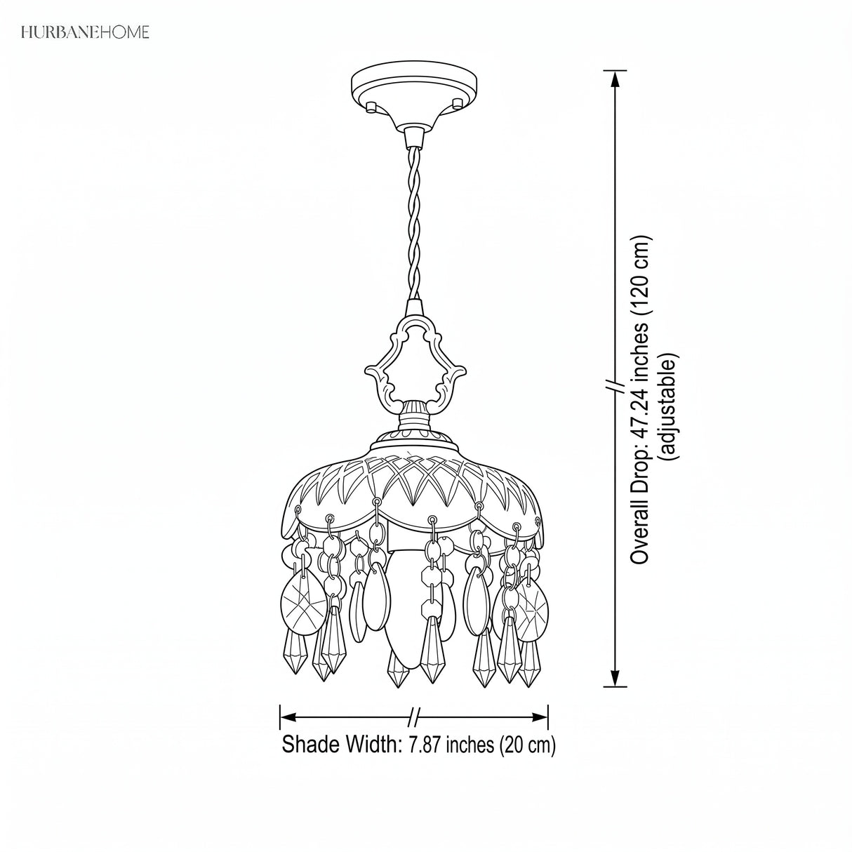 Dimension illustration of the crystal pendant light, 7.87 inch shade width and 47.24 inch drop