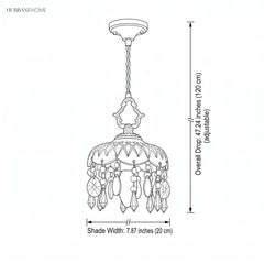 Dimension illustration of the crystal pendant light, 7.87 inch shade width and 47.24 inch drop