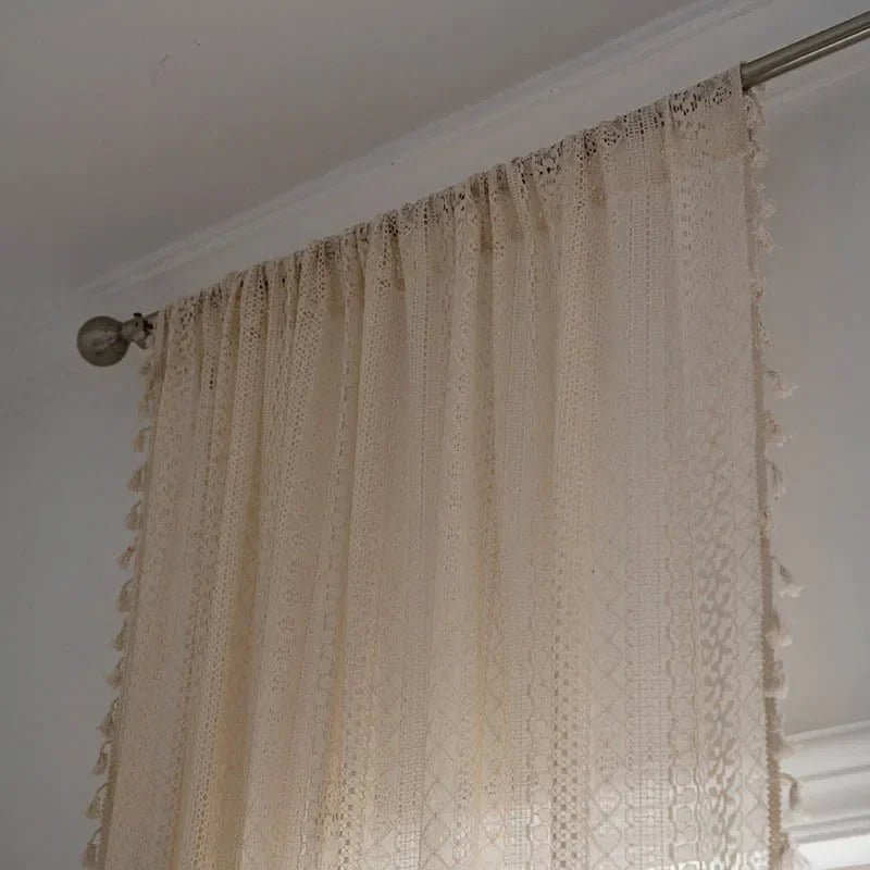 Crochet Curtains – Boho Tassel Cotton Lace Rod Pocket Sheer Panel - Hurbane Home
