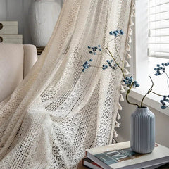 Crochet Curtains – Boho Tassel Cotton Lace Rod Pocket Sheer Panel - Hurbane Home