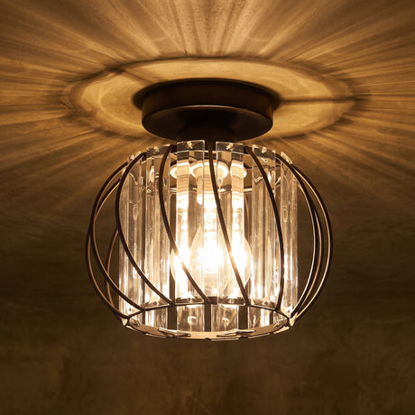Black wire cage flush mount ceiling light holding vertical crystal glass bars