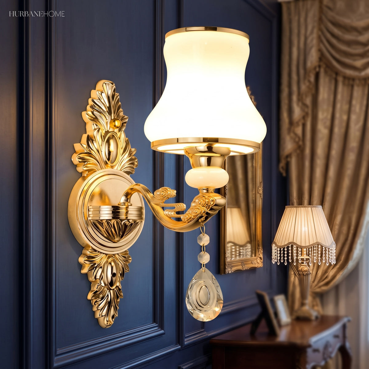 Single light gold sconce with an opal glass shade on navy panelling