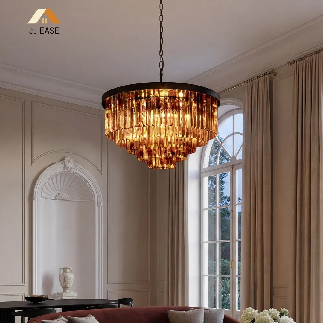 Side profile of the 80 cm tiered crystal chandelier and its metal ring