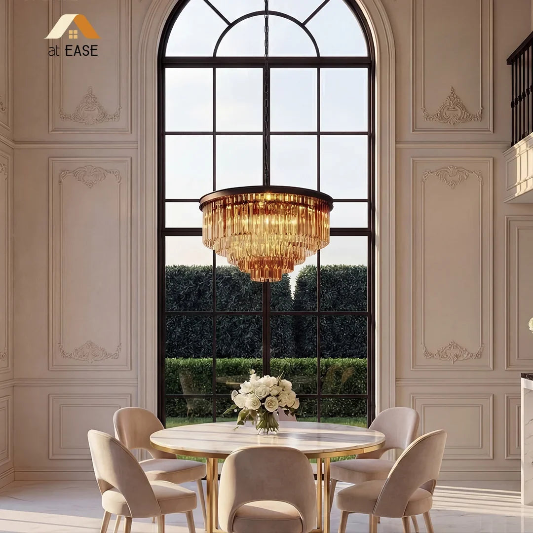 80 cm crystal chandelier with prisms catching the light from one side