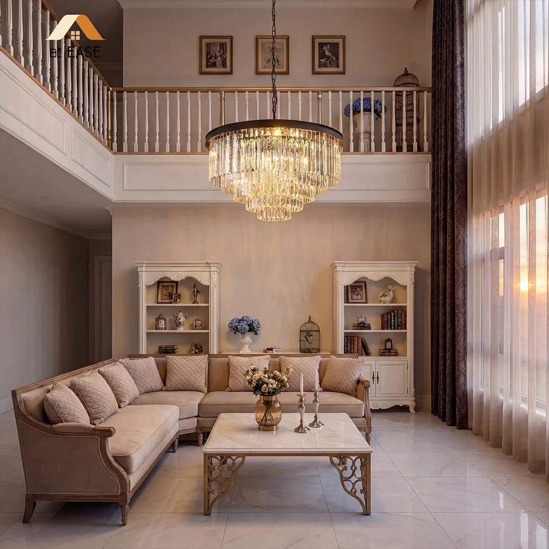 80 cm crystal chandelier framed to show its full tiered silhouette