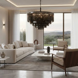 Crystal chandelier photographed to highlight the layered prism rows