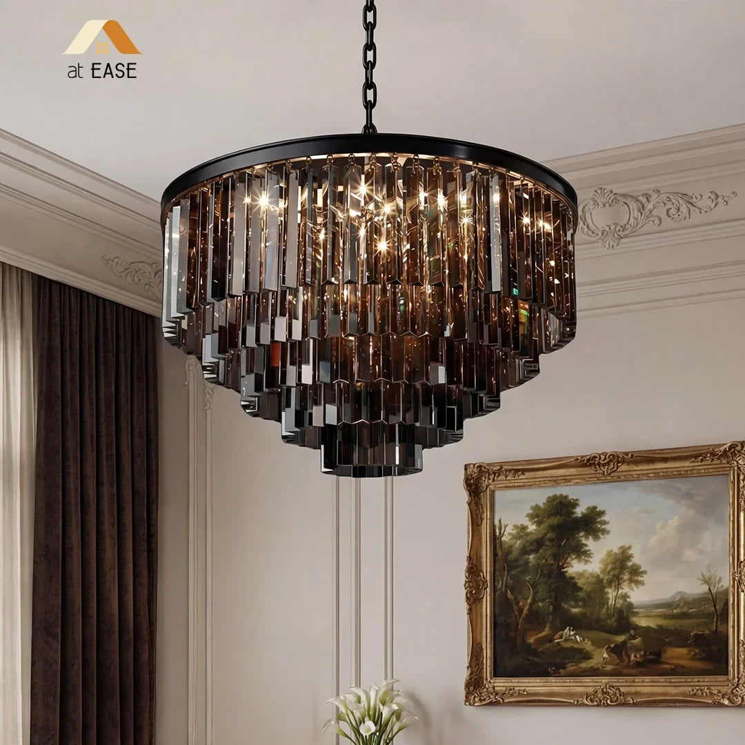 Crystal chandelier lit to show the warm glow through its glass prisms