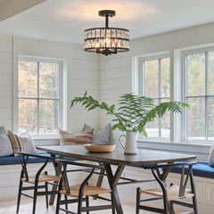 Crystal drum semi flush ceiling light beaded tier